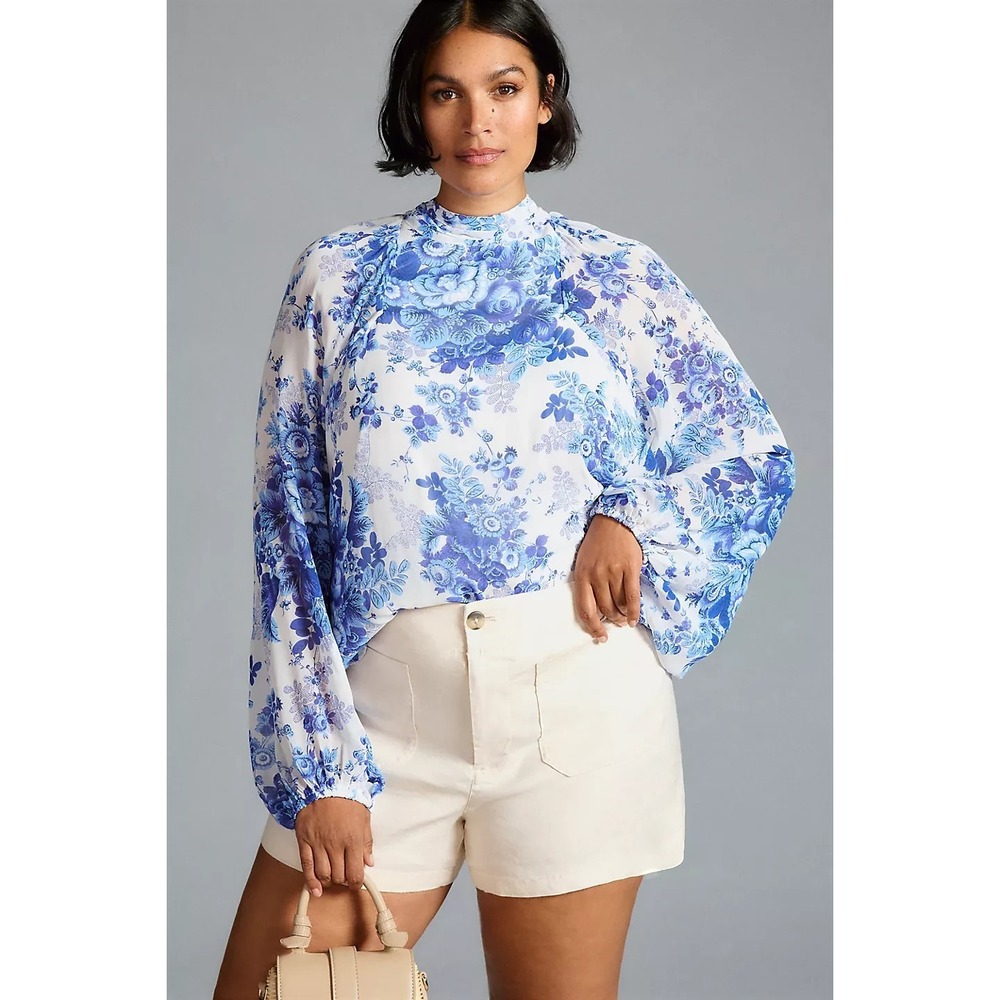 Anthropologie Maeve Sheer Tunic Blouse Blue & White Floral Long Sleeve‎ Size M